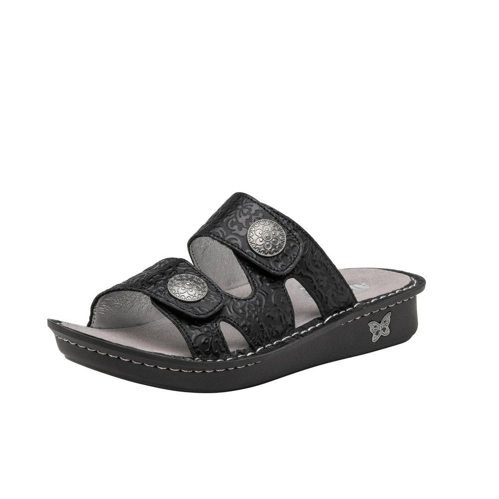 Alegria Violette Sandals Black Embossed Leather Floral Medallion Slides Size 39